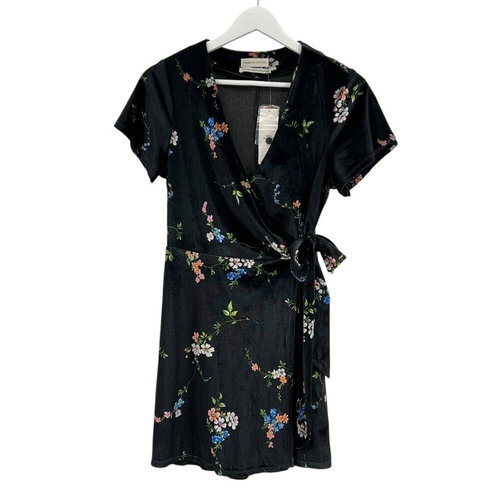 Urban Outfitters Wrap Dress Size S Black Colorful Floral Velour S/S Stretch NWT